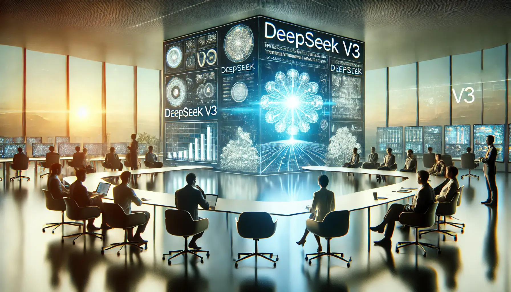 A peaceful, futuristic setting with professionals reflecting on the journey of DeepSeek v3’s development in a serene conference room.