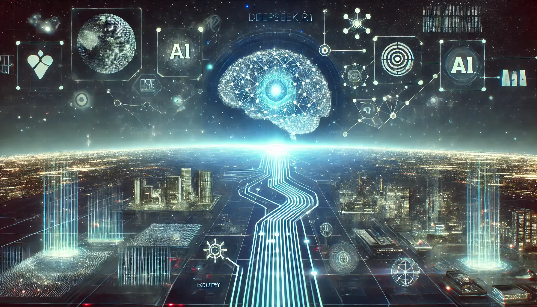 A futuristic AI landscape with holographic projections of DeepSeek R1 at the center, illustrating its leadership in AI advancements and global impact.