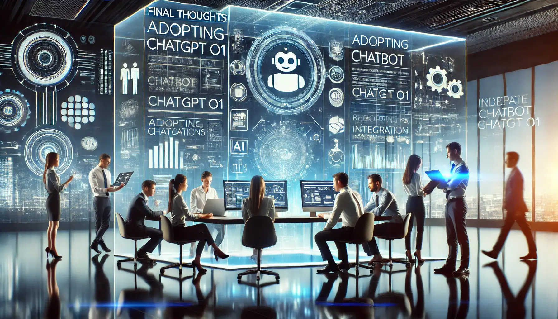 A modern workspace where engineers and AI experts discuss the adoption of ChatGPT o1, reviewing data and strategies for its integration into various industries.