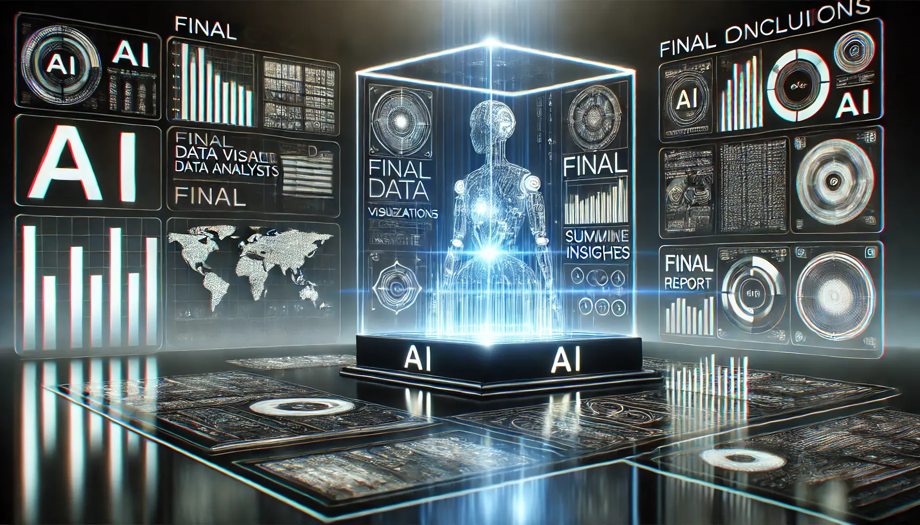 A futuristic AI system processing final data visualizations and summarizing insights in a high-tech environment.