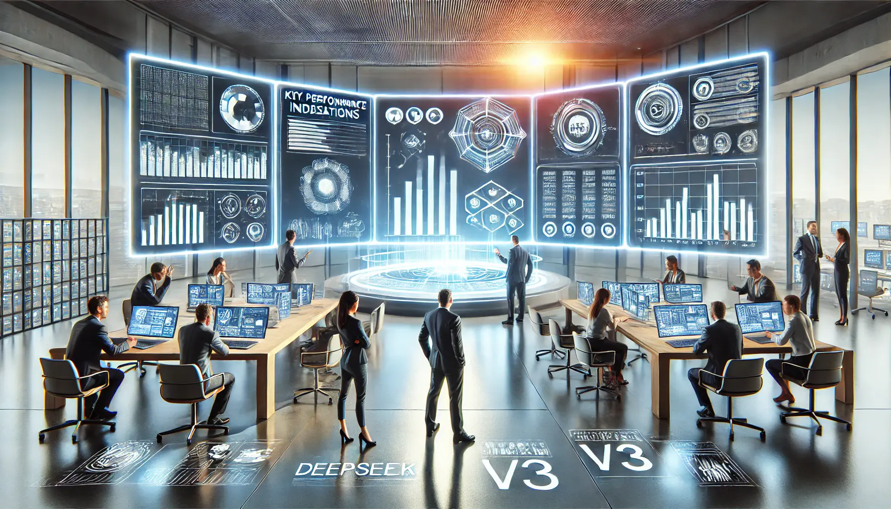 A futuristic office where executives evaluate the impact of AI-driven automation on business operations.