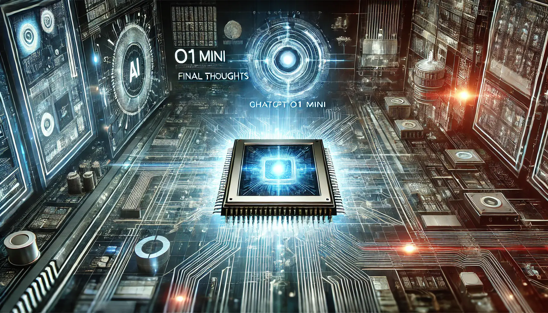 A glowing, advanced AI processor surrounded by holographic data streams symbolizing the powerful features of ChatGPT o1 Mini.