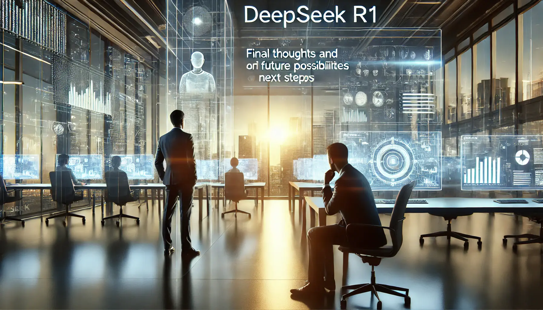 Professionals reflecting on the future of DeepSeek R1, reviewing data and considering future advancements in customer service AI.