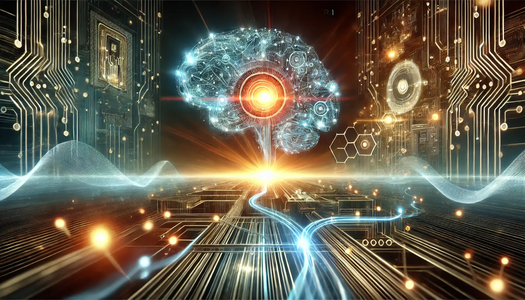 A glowing, interconnected neural network representing the culmination of AI advancements with a digital brain or AI core symbolizing future possibilities.