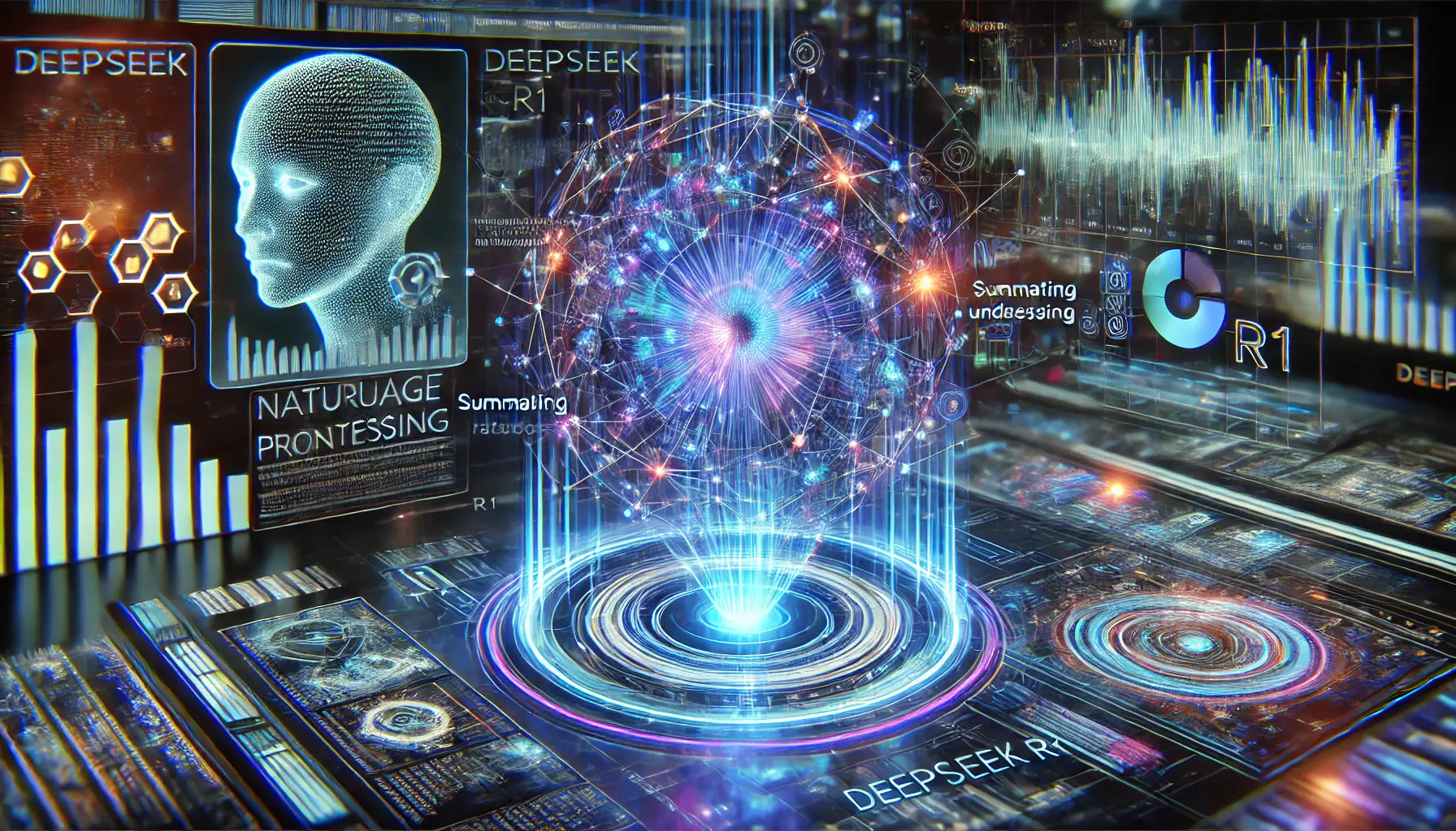 A high-tech depiction of DeepSeek R1's impact on natural language processing, showing a glowing neural network and holographic interface processing text and generating responses.