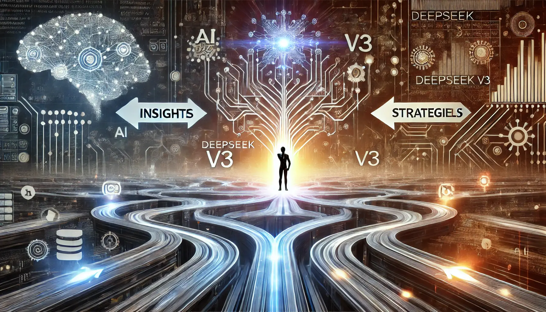 A futuristic AI system powered by DeepSeek v3, standing at the crossroads of multiple data streams and decision pathways, symbolizing reflection and conclusion in digital marketing.