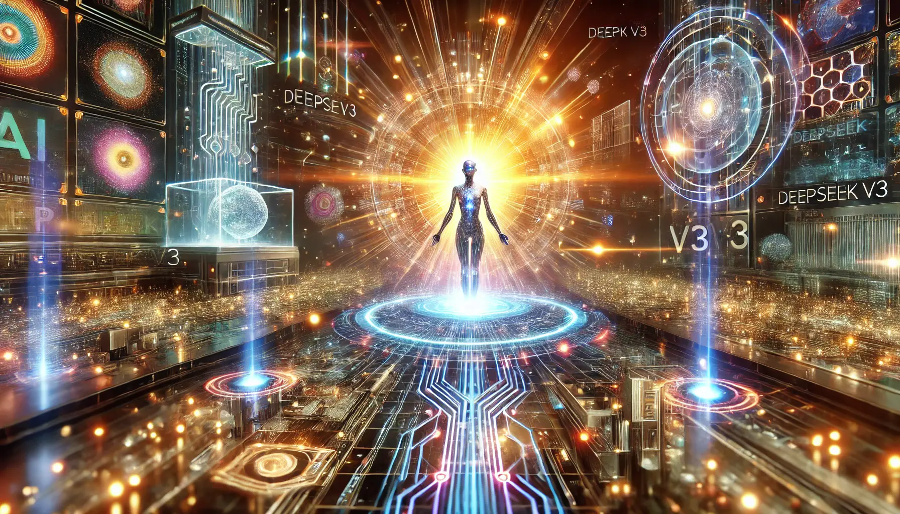 A futuristic visualization of DeepSeek V3 as a breakthrough in AI innovation, featuring an advanced AI model surrounded by radiant data streams and glowing neural networks.