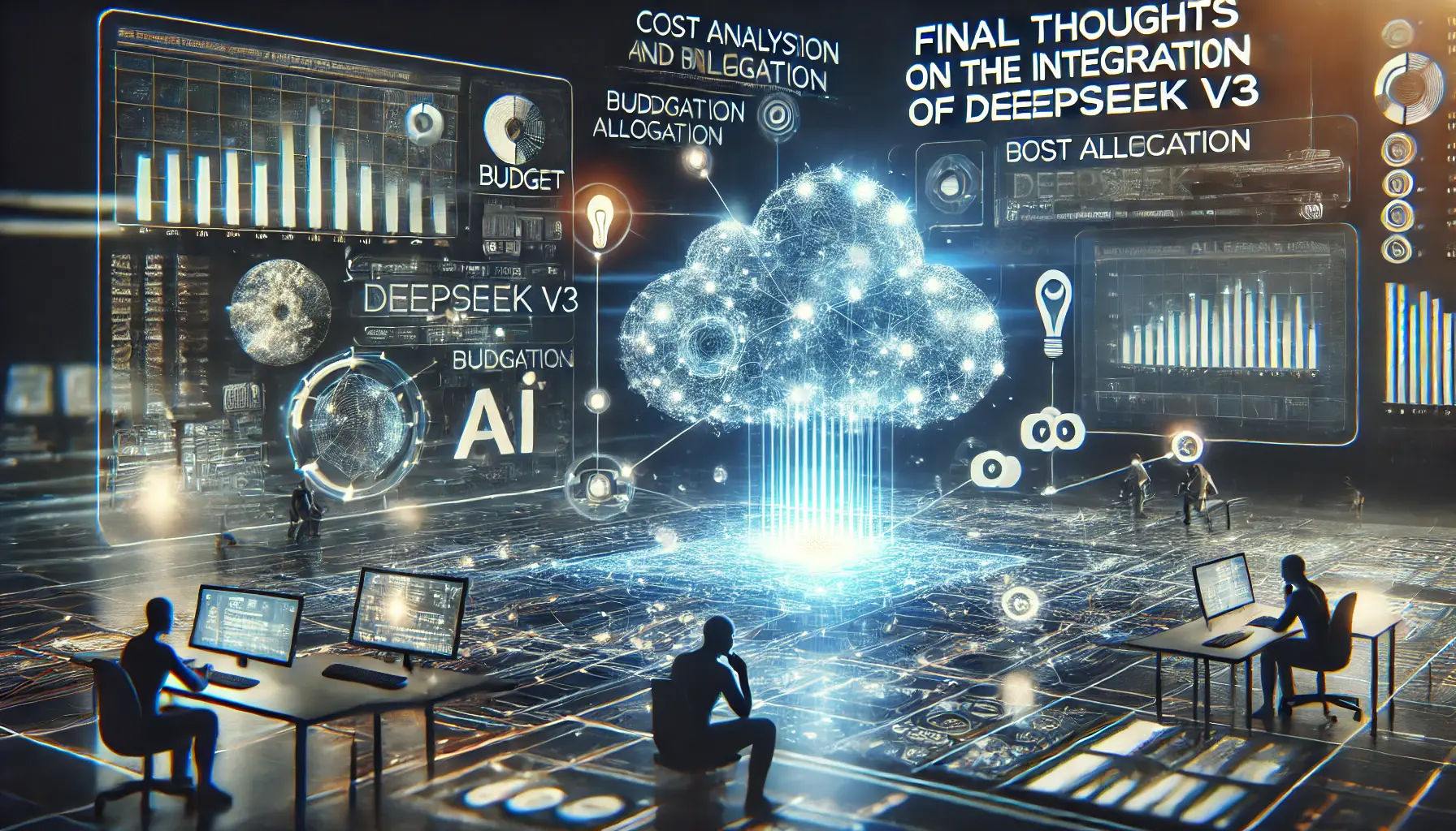 A futuristic digital workspace showing cost analysis charts, budget allocation, and AI infrastructure, symbolizing the final thoughts on DeepSeek v3 integration costs.