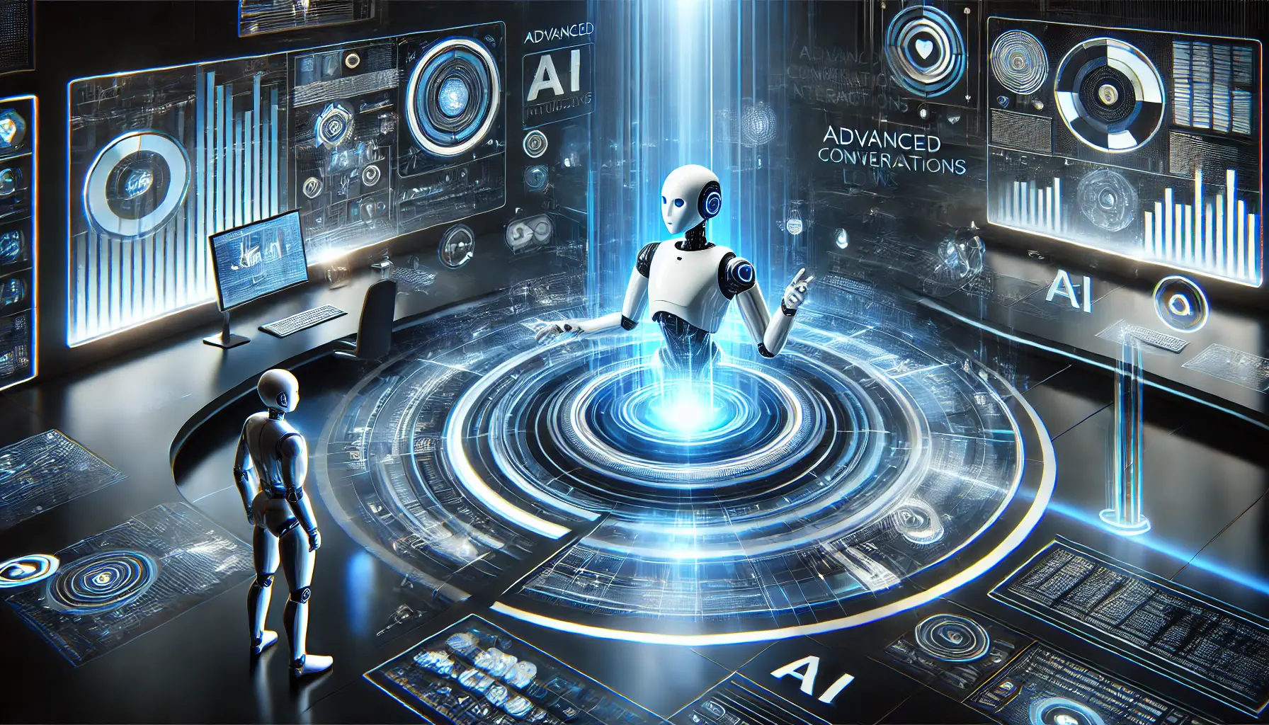 A futuristic AI-powered chatbot interface with dynamic conversation flows and advanced user interaction in a glowing blue and white environment.