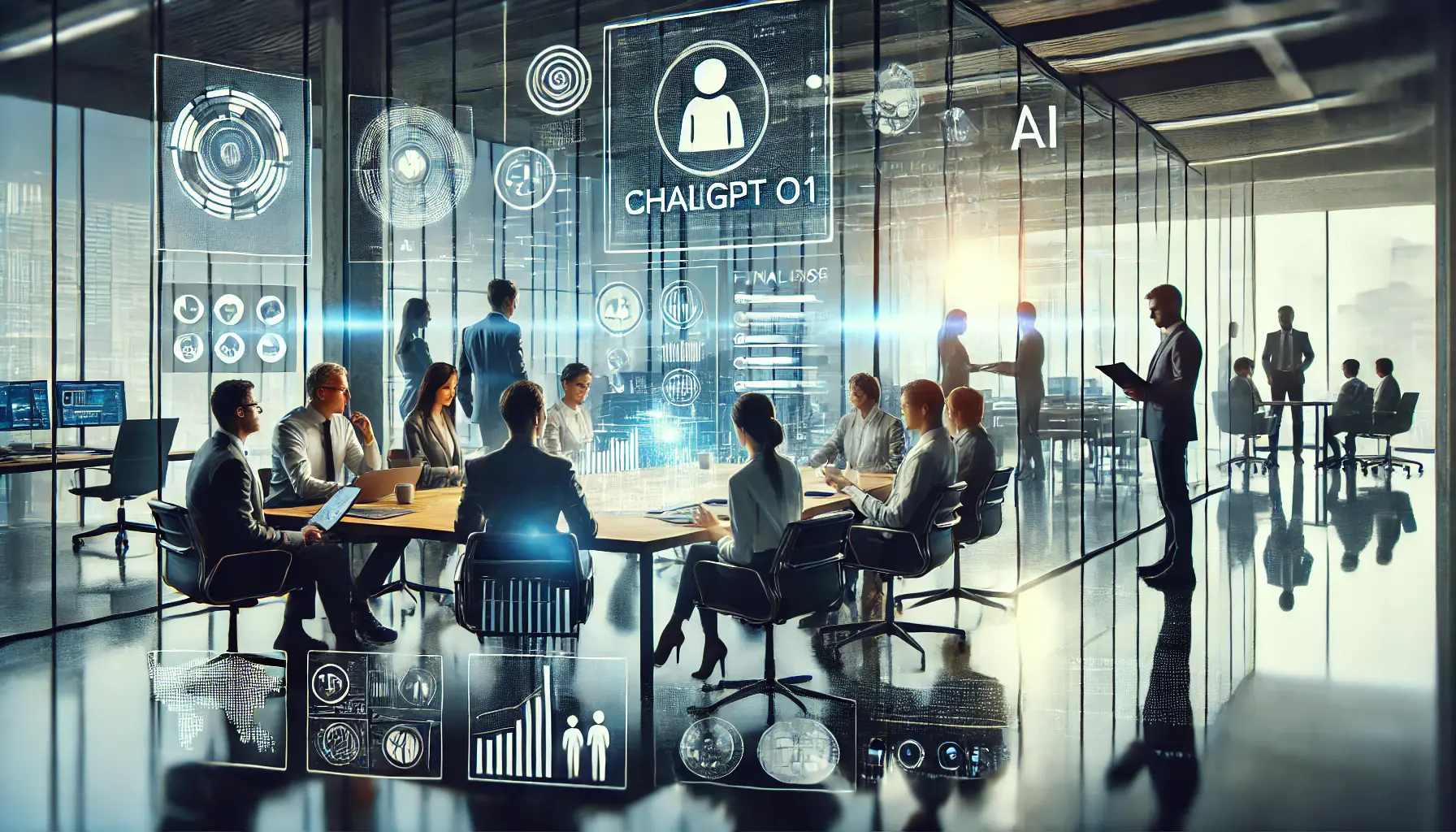 A group of professionals discussing the implementation of ChatGPT o1 in their organization, with digital devices displaying data insights and progress charts.