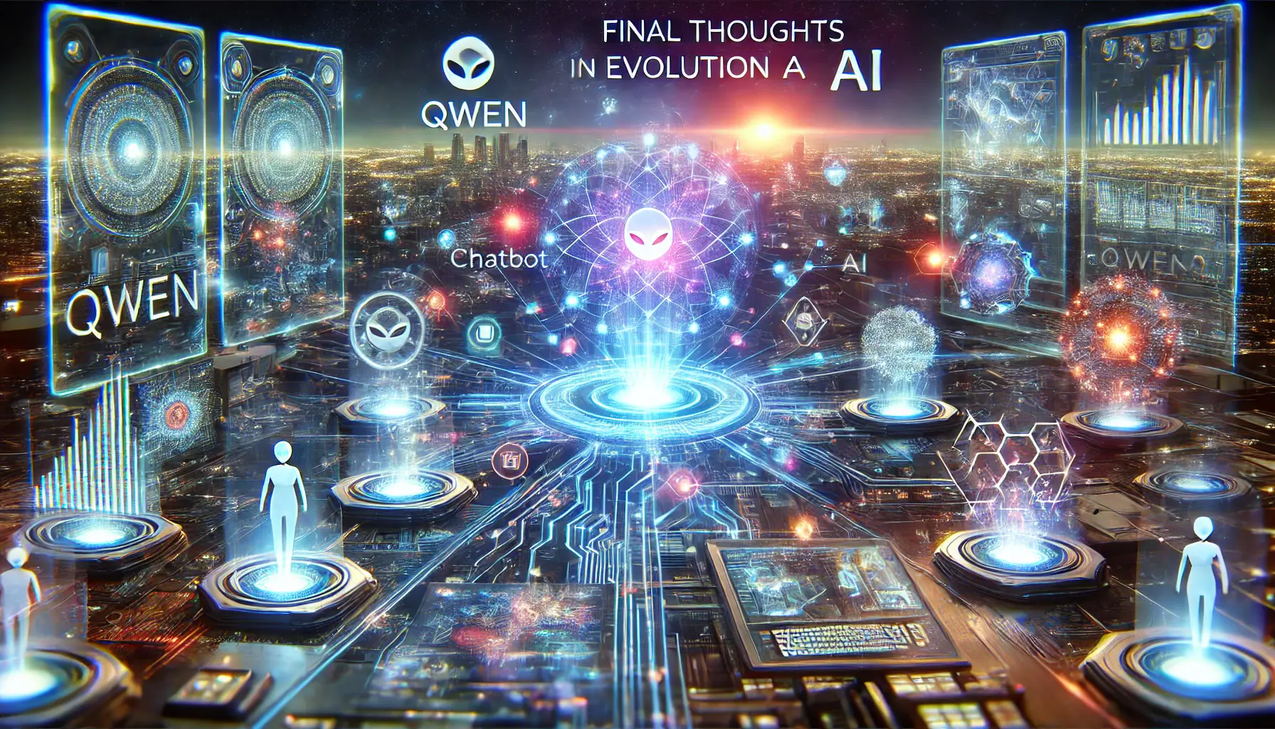 A futuristic digital environment depicting Qwen-powered AI seamlessly integrating into various industries with glowing neural networks and holographic interfaces.