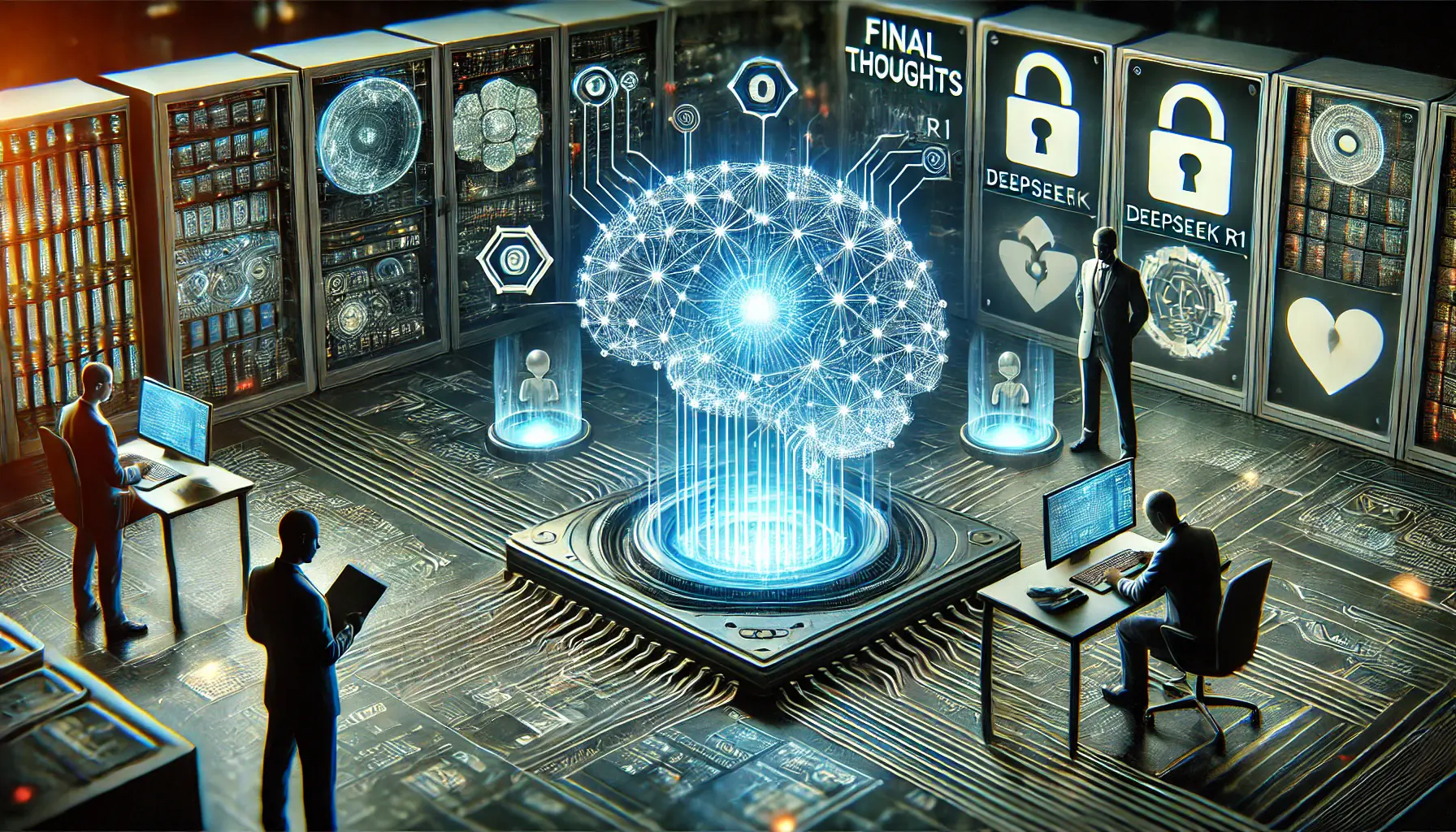 A digital interface featuring a glowing neural network protected by multiple layers of security measures like encryption, firewalls, and monitoring tools.