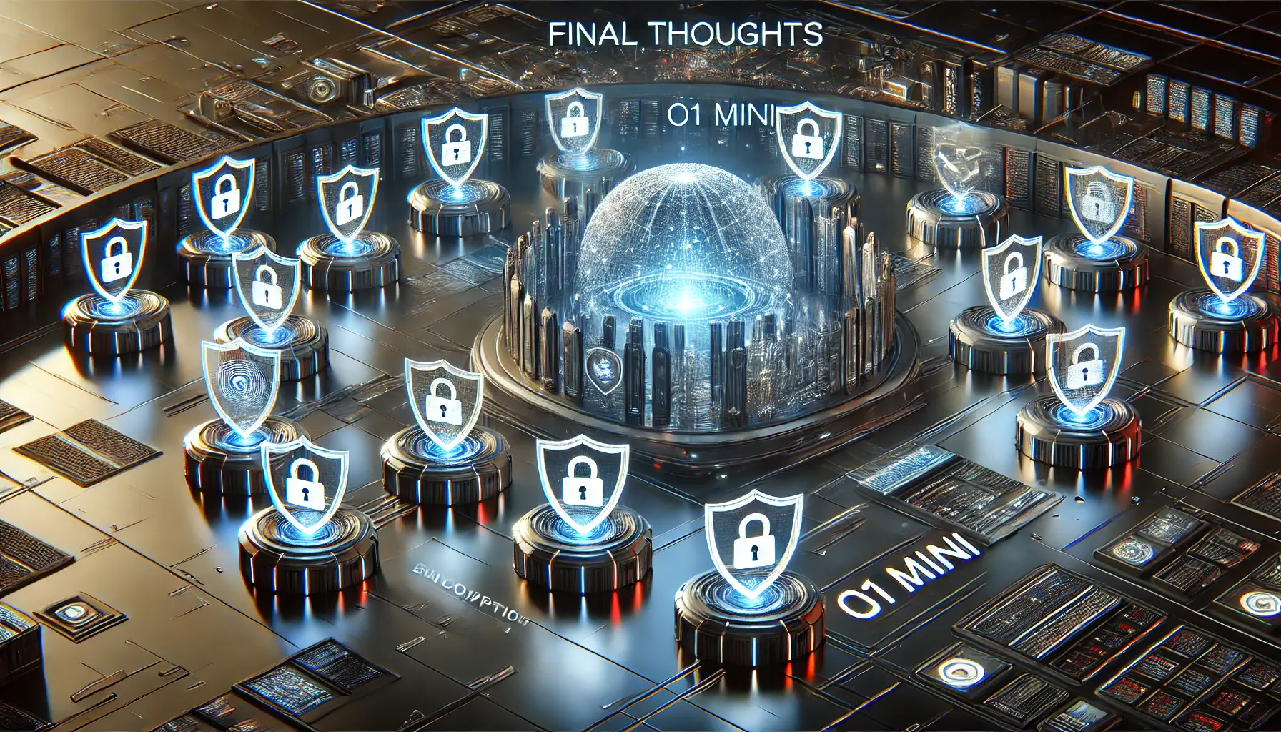 A futuristic digital scene summarizing the security features of ChatGPT o1 Mini with encryption, biometric authentication, and protective barriers.