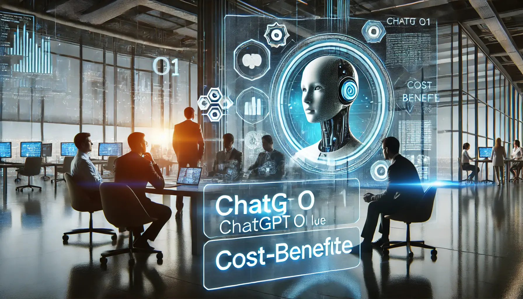 A futuristic business environment where professionals are discussing the cost and value of ChatGPT o1 integration.