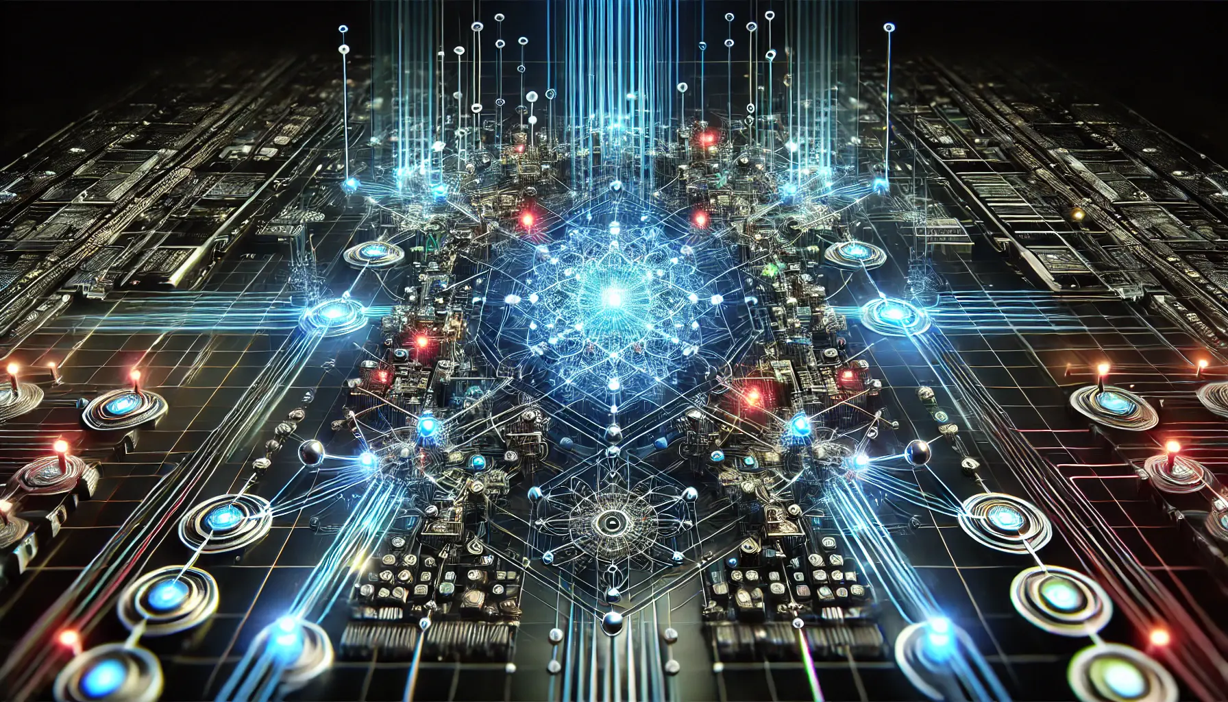 A high-tech visualization of the final thoughts on the technical architecture of DeepSeek v3, showing an intricate neural network with glowing nodes and energy flows symbolizing system integration.