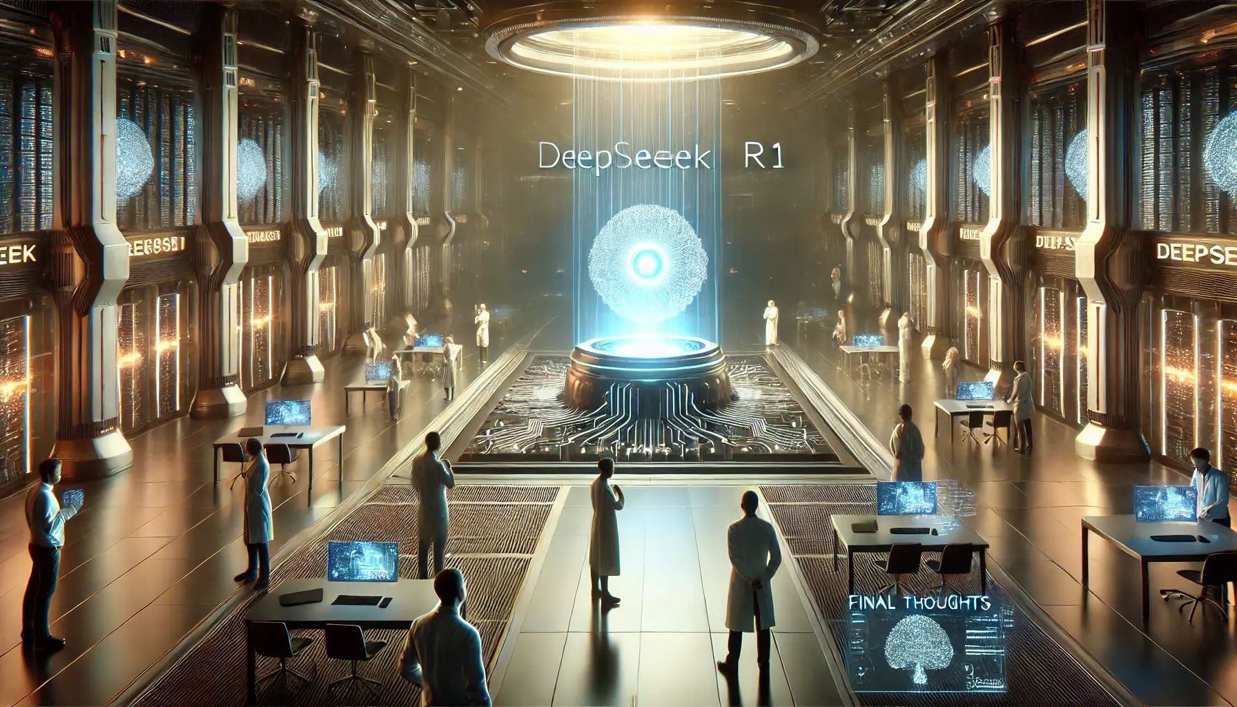 A futuristic AI research facility with a glowing AI core at the center, surrounded by researchers analyzing the impact and future of DeepSeek R1.