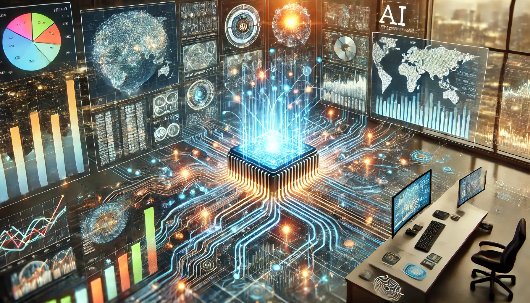 A futuristic visualization of AI in finance, analyzing financial data streams, market trends, and predictive models.