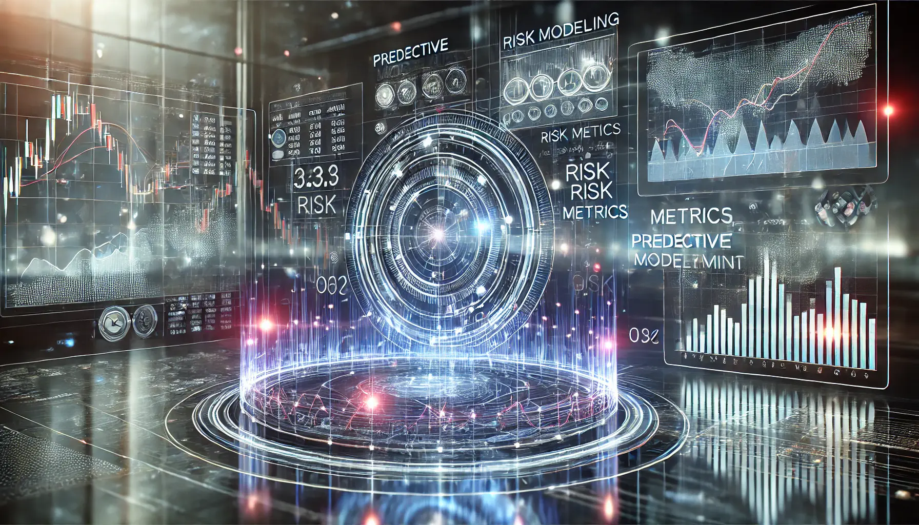 A futuristic financial analytics interface displaying predictive modeling, fluctuating stock prices, and risk assessment metrics in a high-tech control room.