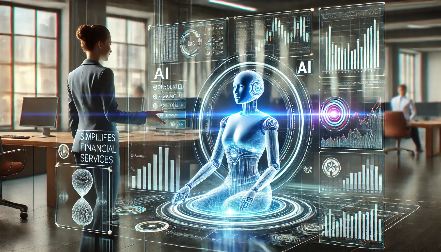 A futuristic finance setting where a digital assistant provides personalized financial advice and portfolio management through a high-tech interface.