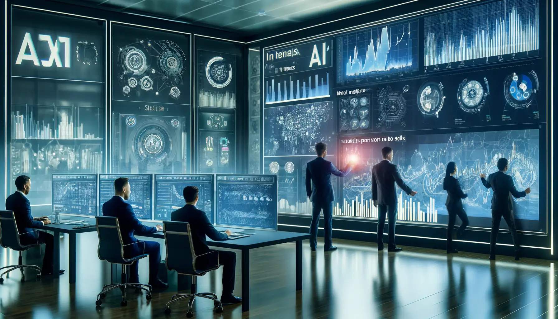 A high-tech financial analysis room where AI tools analyze market data and trends for decision-making.