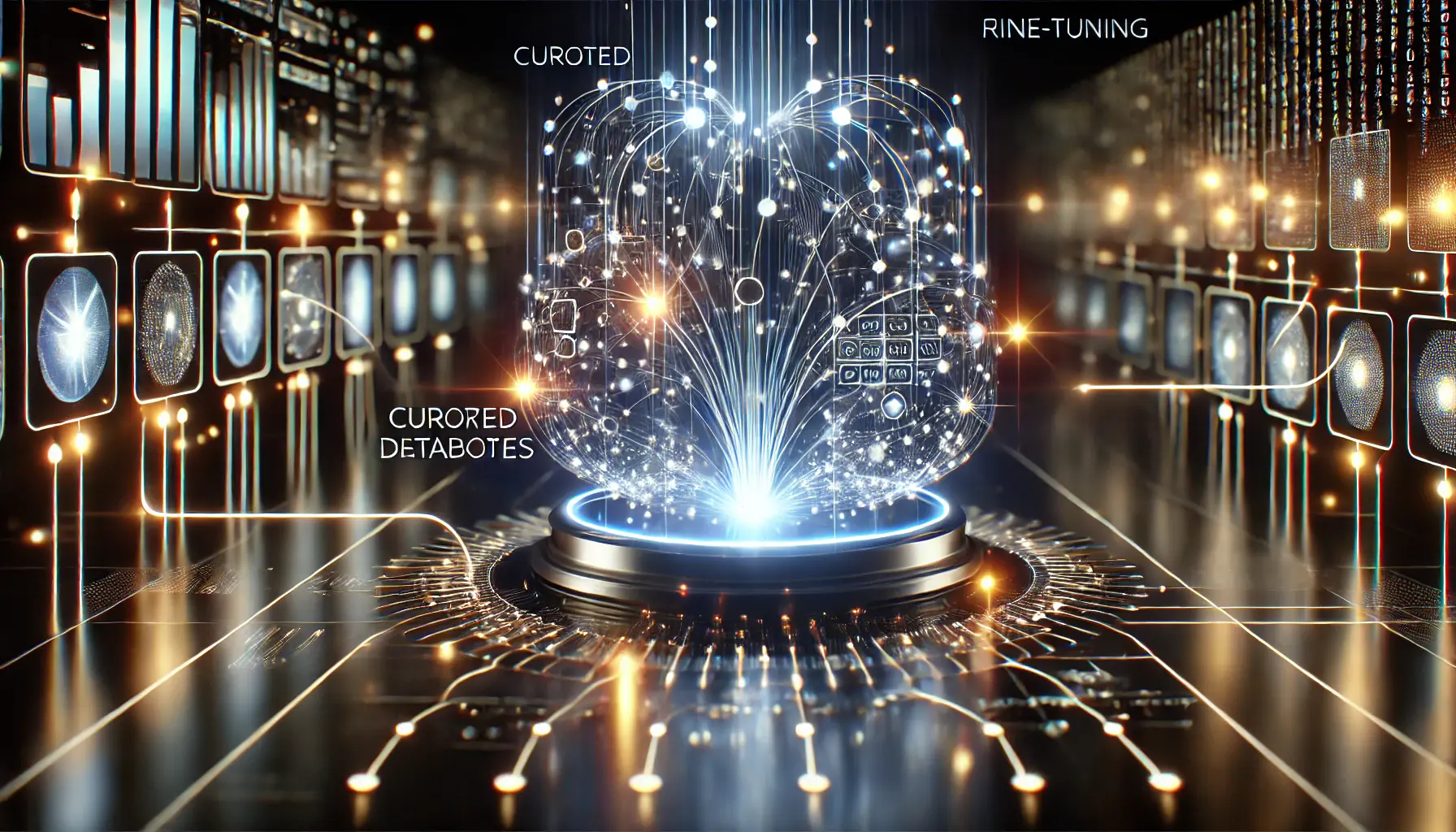 A futuristic visualization of AI fine-tuning techniques, showing a neural network being refined through continuous learning with glowing data streams.