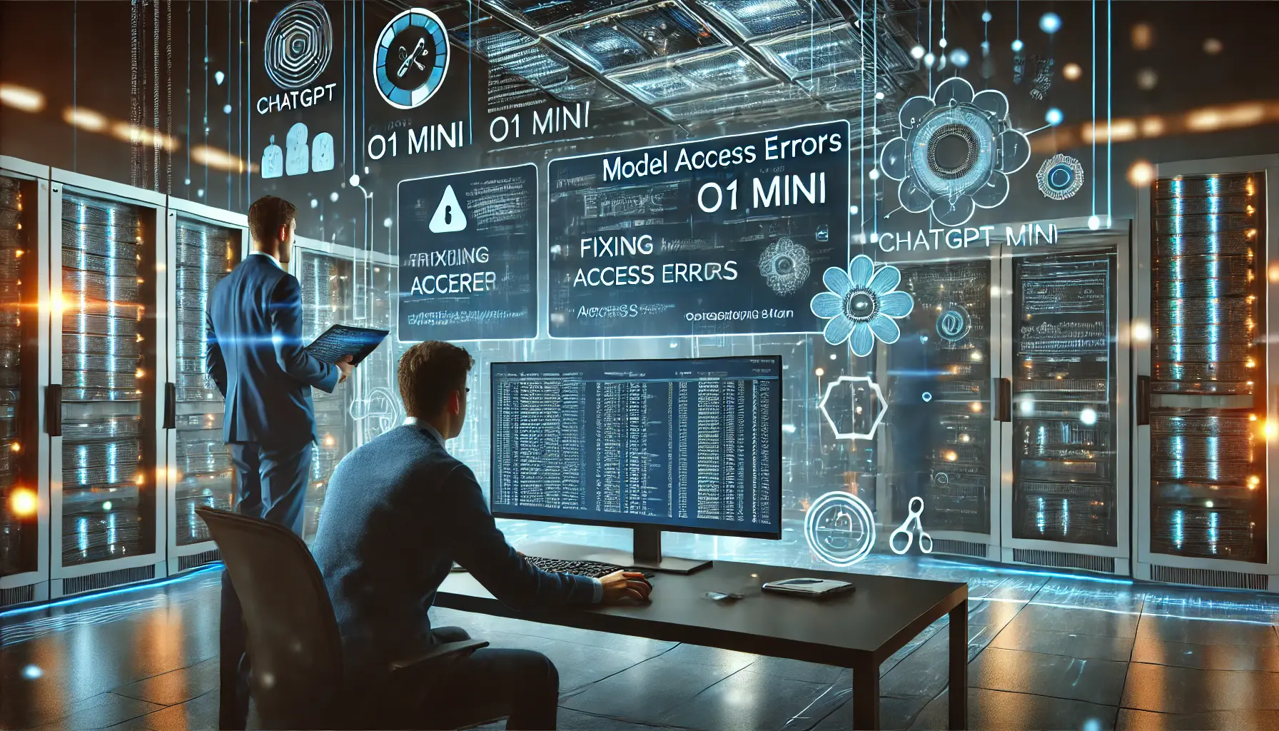 Engineers fixing model access errors during ChatGPT o1 Mini integration, analyzing error messages and access logs in a high-tech workspace.