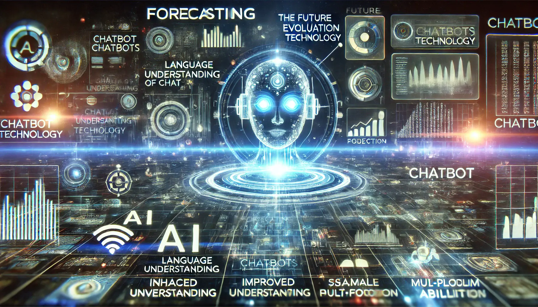 A futuristic AI system analyzing trends and predicting the future evolution of chatbot technology, with projections of advancements and data streams.