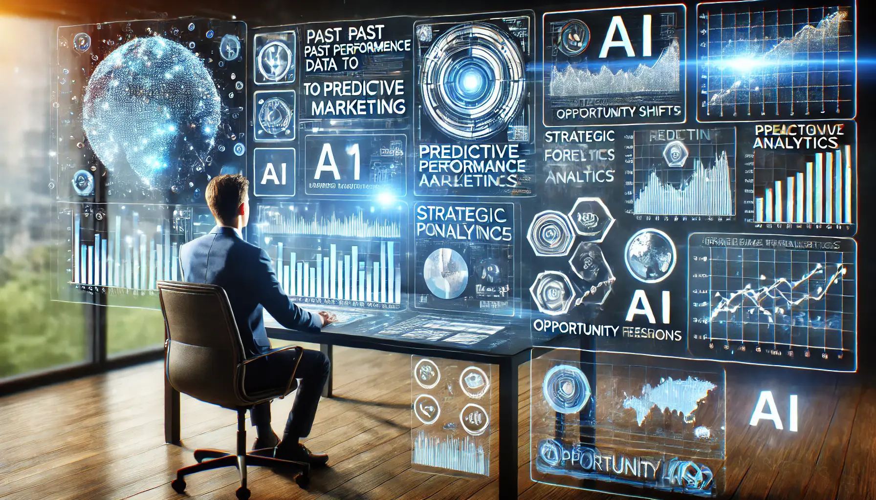 A futuristic digital marketing workspace where AI tools predict future marketing trends. The workspace shows a marketer analyzing data with predictive analytics tools, displaying charts, trend lines, and market opportunity indicators.