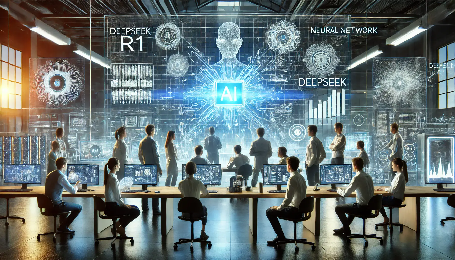 A visionary AI research lab where a team of young engineers and researchers collaborate around a futuristic workstation, featuring holographic data displays and neural network simulations.