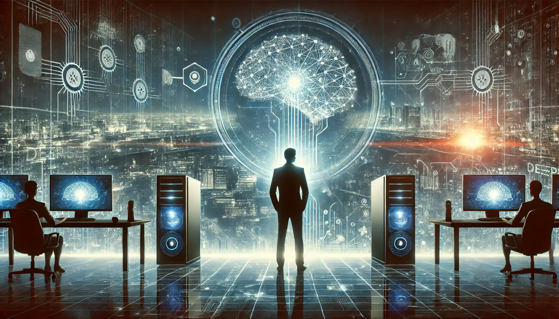 A futuristic workspace with advanced computer systems, digital holograms of AI models, and a visionary entrepreneur standing in front of a glowing interface, symbolizing the inception of DeepSeek.