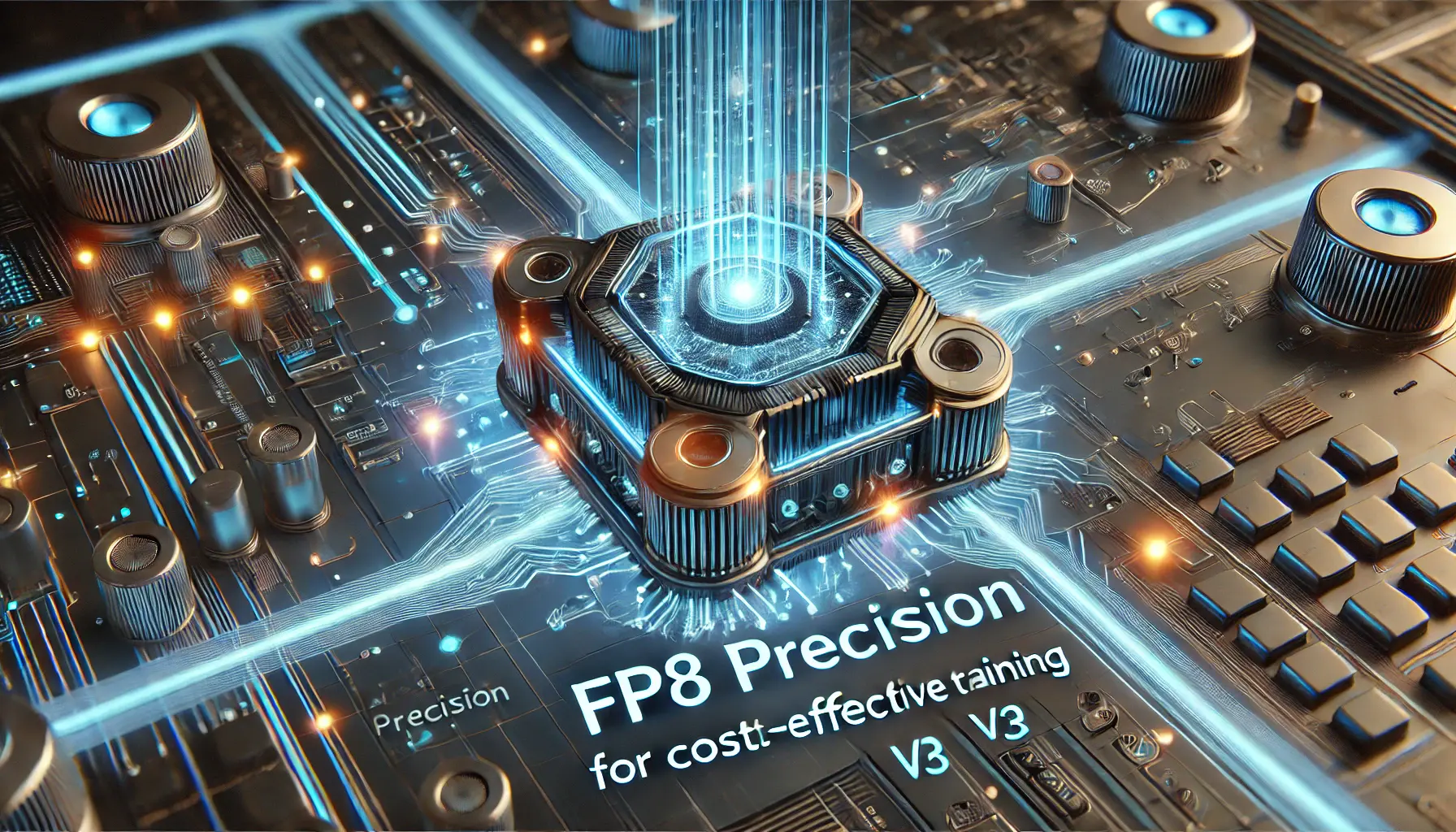 A high-tech visualization of FP8 precision for cost-effective training, showing a neural network with reduced memory consumption and optimized computational processes.