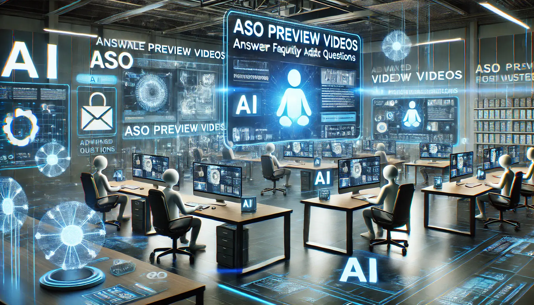 A high-tech digital workspace where AI tools are used to answer common questions about ASO preview videos.