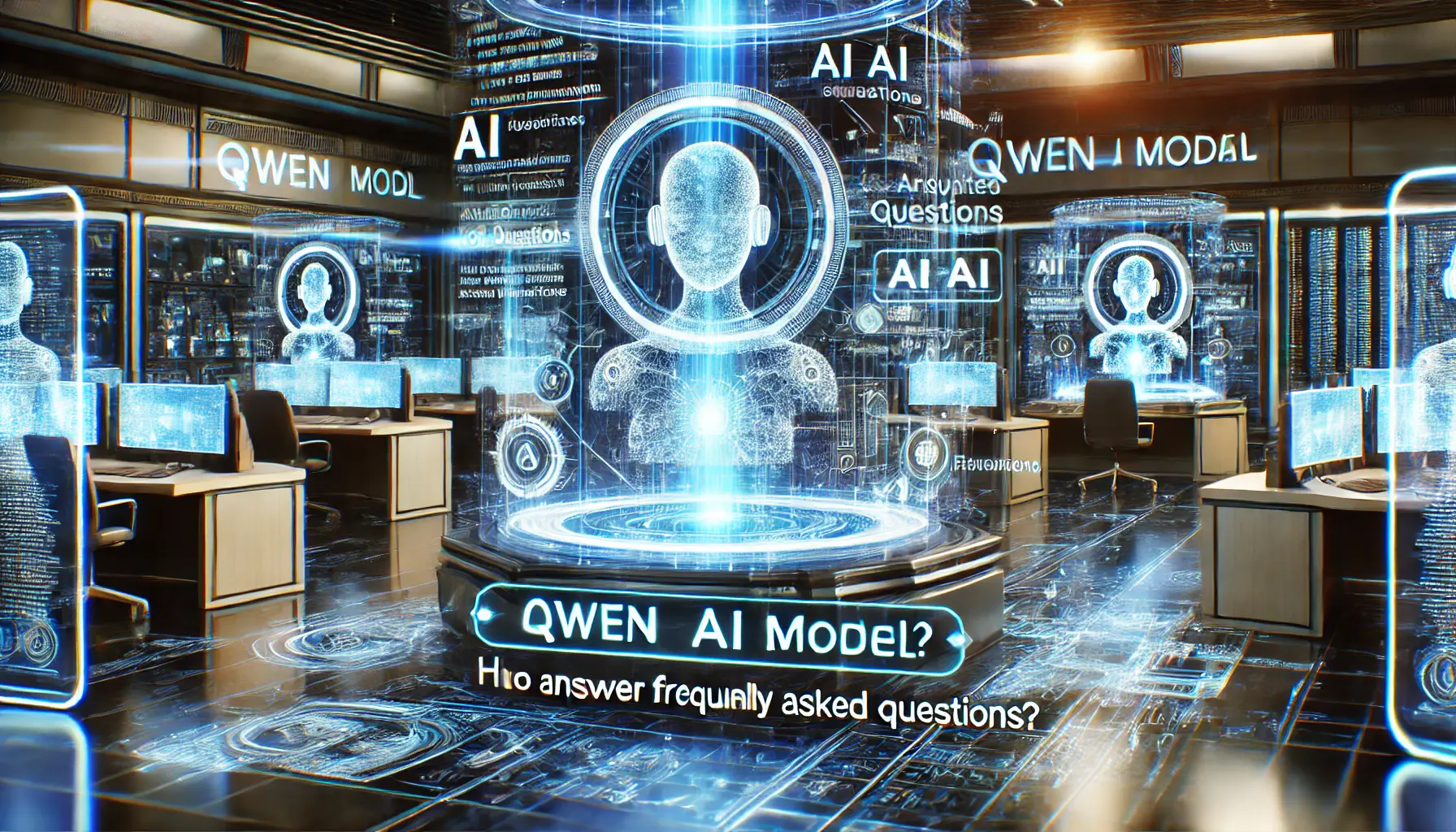 A high-tech AI system in a digital environment processing user queries and providing responses through holographic displays.