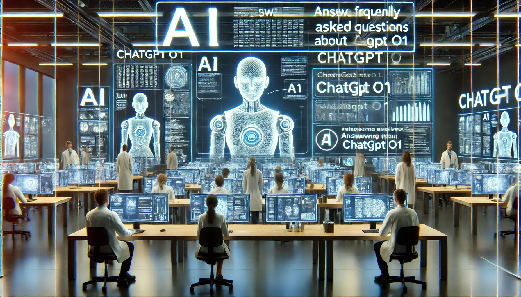 A high-tech AI research facility where scientists answer frequently asked questions about ChatGPT o1, with digital screens displaying AI systems processing complex queries.