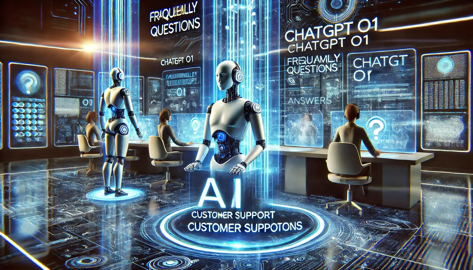 A futuristic AI helpdesk or customer support center with AI-powered assistants interacting with holographic data displays, answering queries about ChatGPT o1.