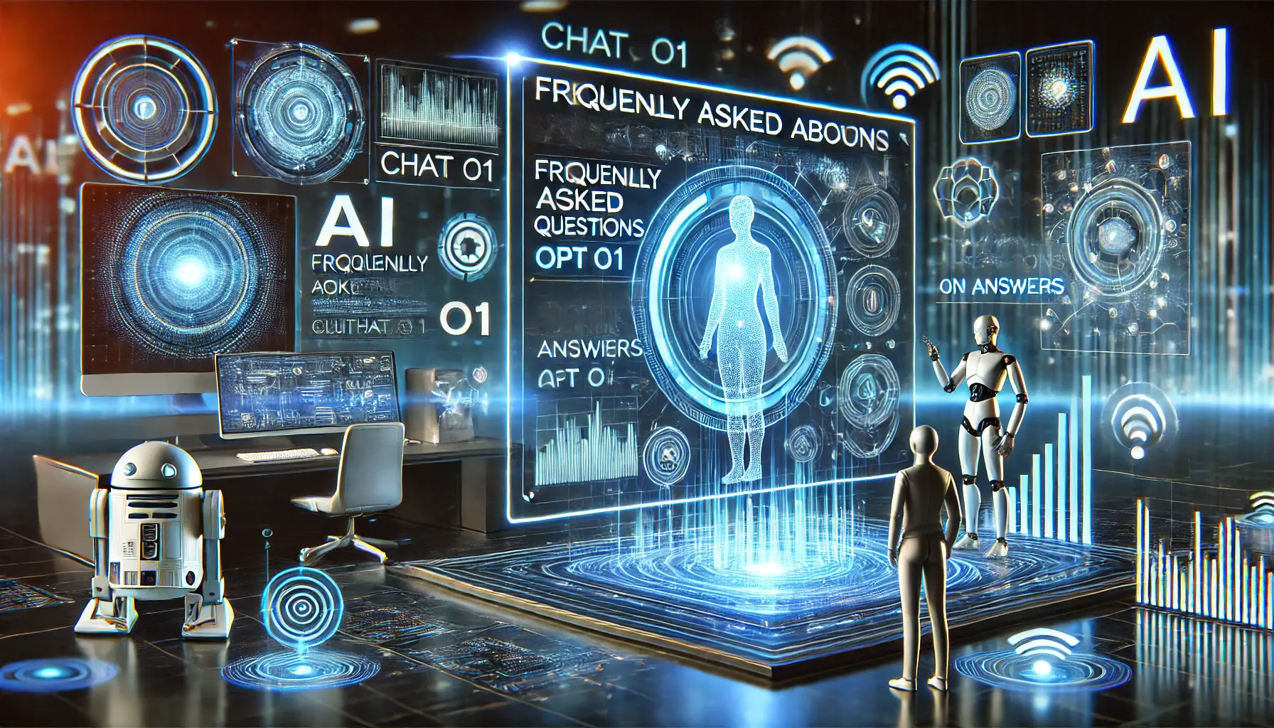 A high-tech digital environment where an AI system answers frequently asked questions about ChatGPT o1 with holographic interfaces and dynamic visualizations.