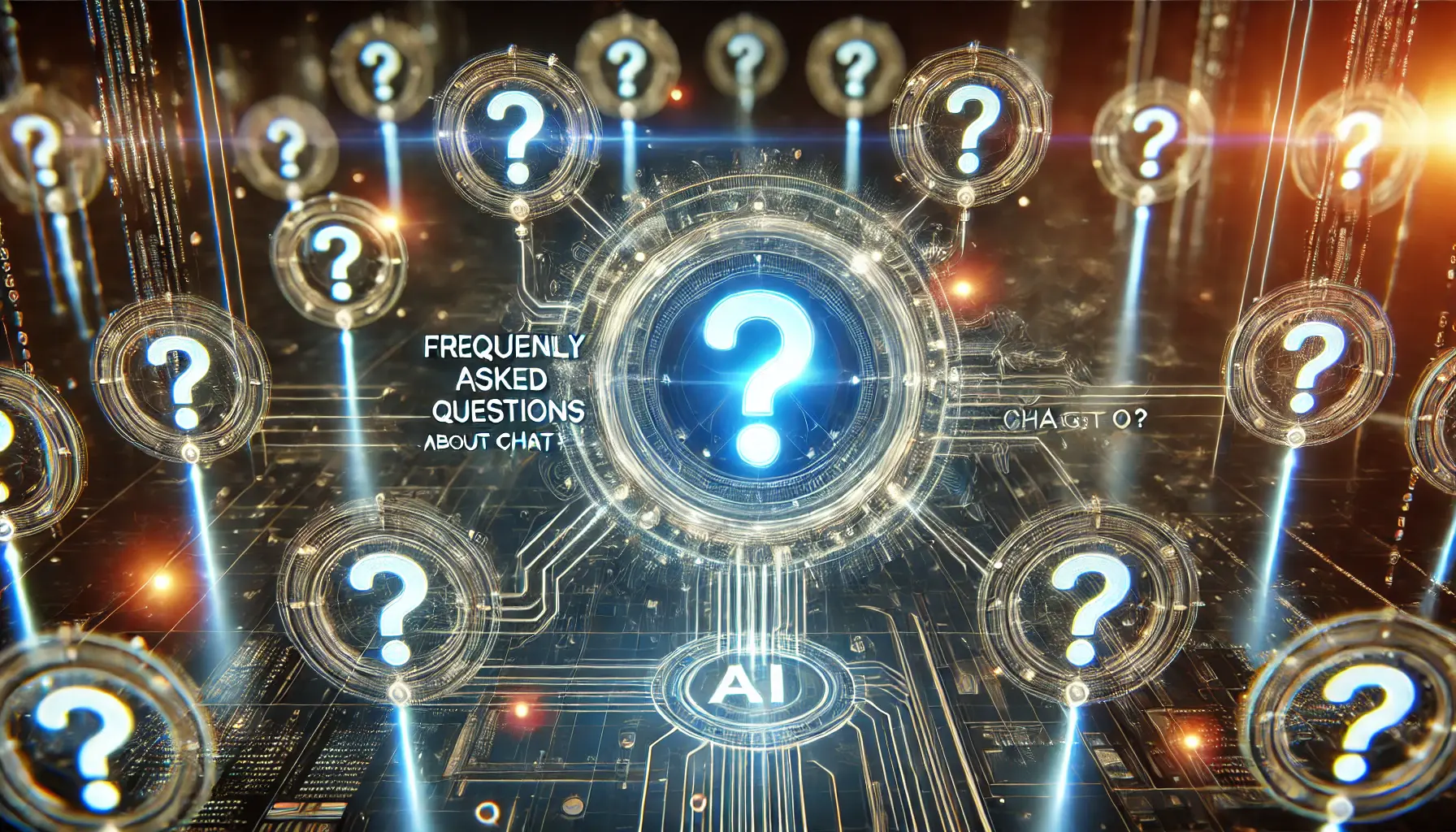 A futuristic AI system representing frequently asked questions, visualized with a glowing AI core surrounded by interconnected digital question marks.