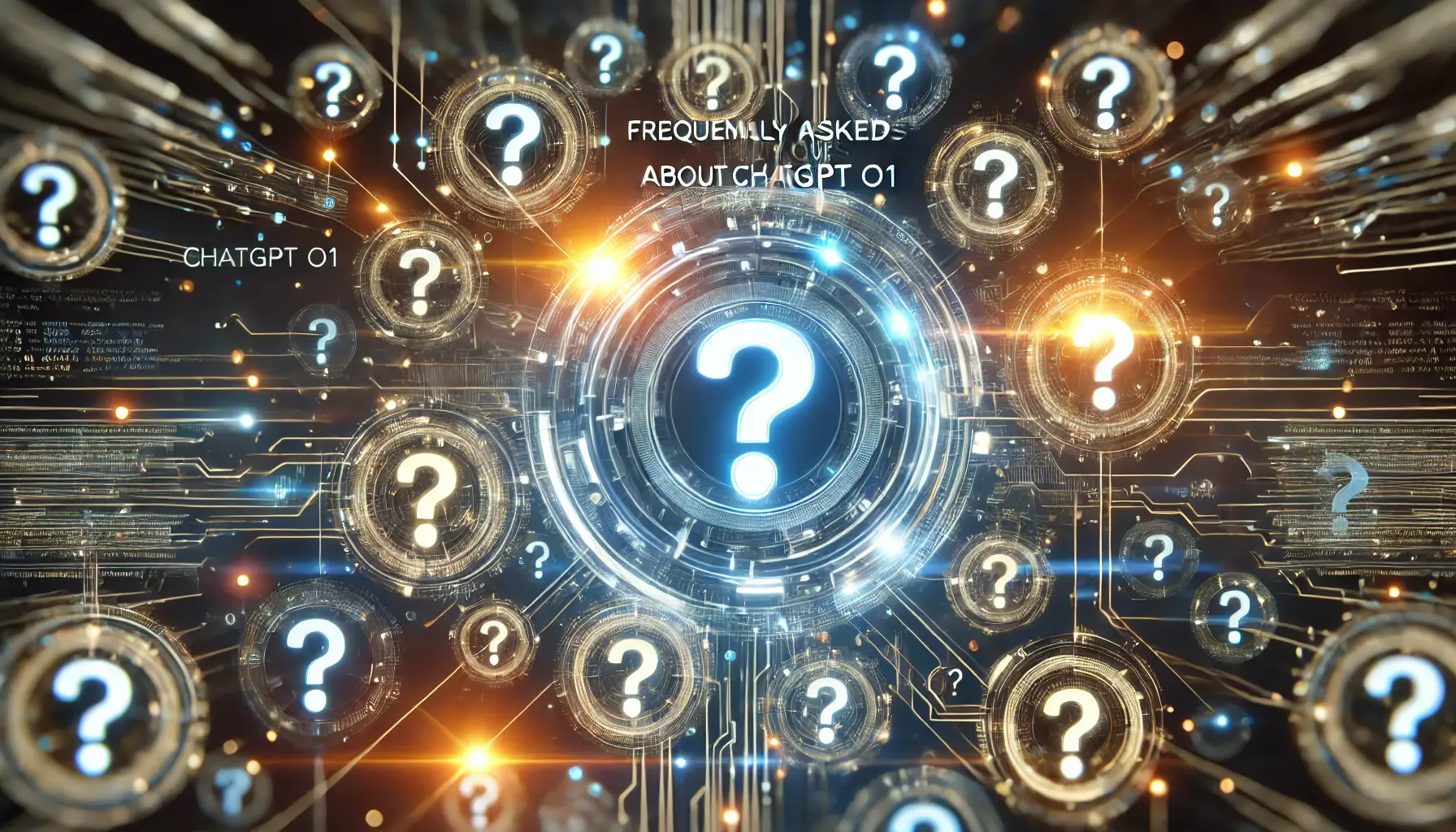 An AI core surrounded by glowing question marks, symbolizing frequently asked questions about ChatGPT o1.