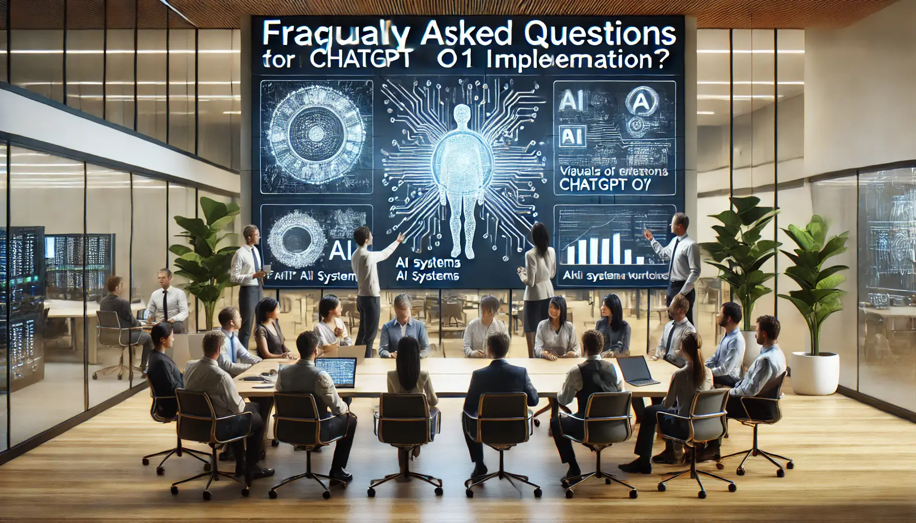 Professionals in a modern office discussing frequently asked questions about ChatGPT o1 implementation, with AI systems and workflows displayed on digital screens.