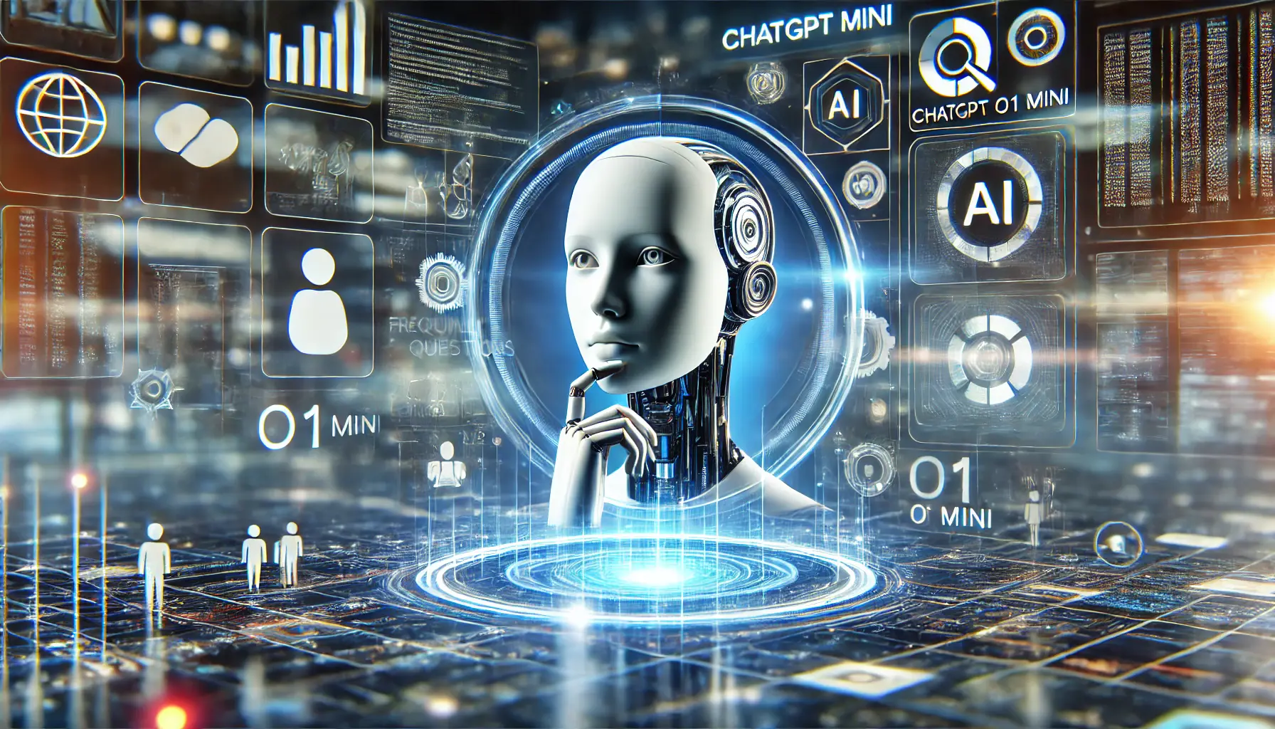 A futuristic AI system, ChatGPT o1 Mini, depicted in an environment symbolizing the answering of questions and decision-making.