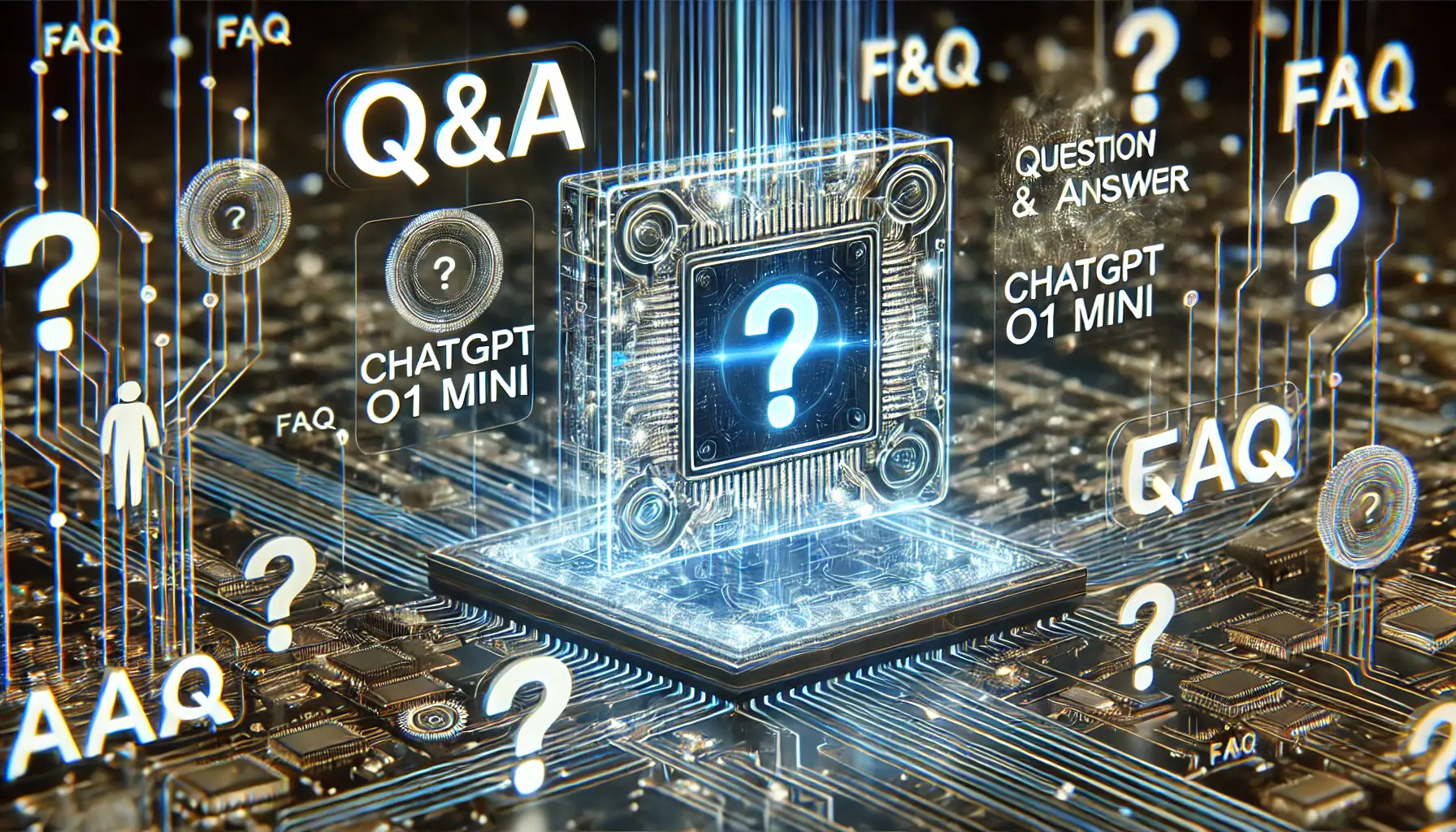 A digital scene representing a Q&A environment for AI technology, with a glowing ChatGPT o1 Mini processor surrounded by holographic question and answer symbols.