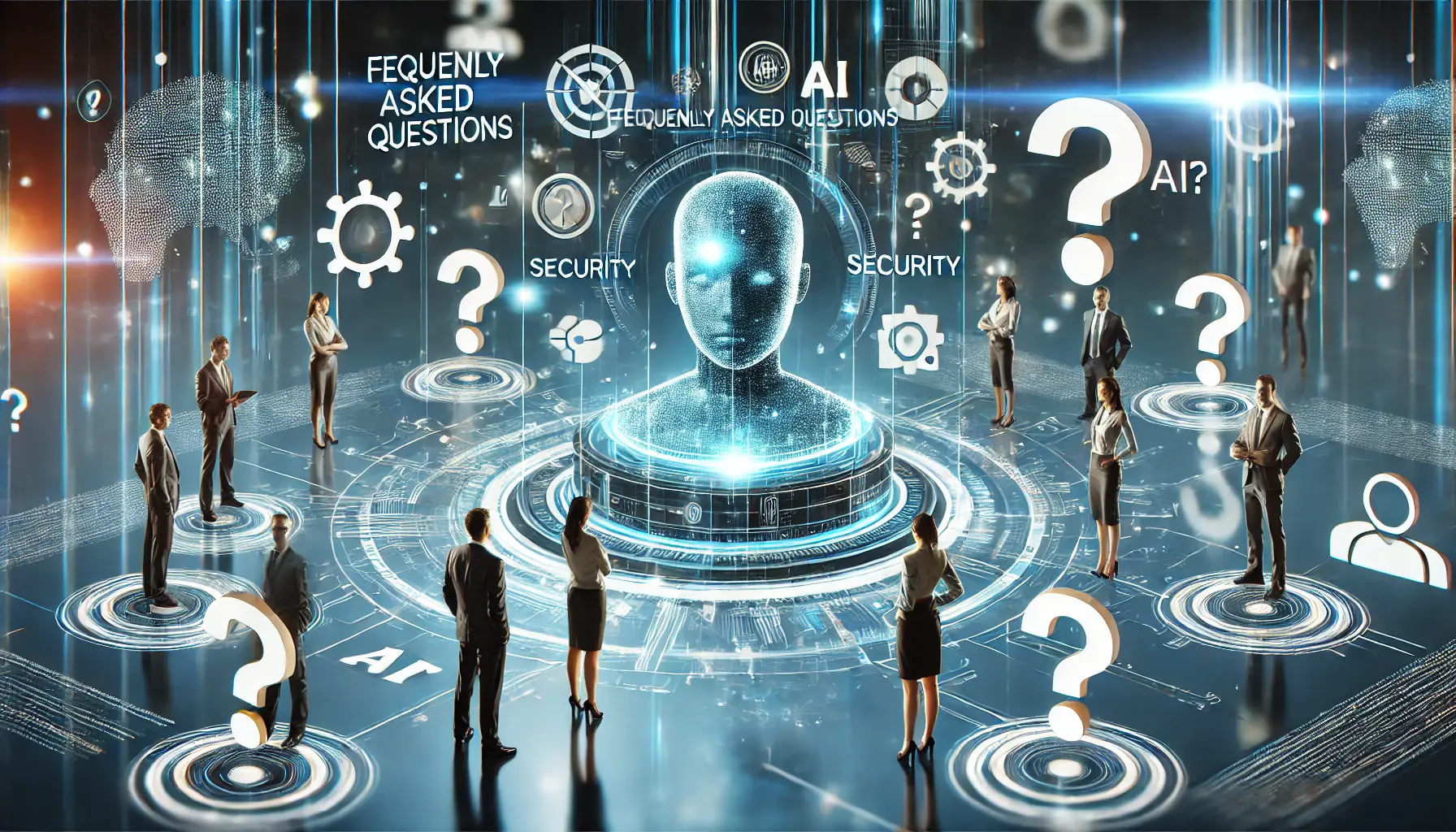 A high-tech digital scene symbolizing frequently asked questions about AI security, with professionals interacting with holographic security indicators and question marks.