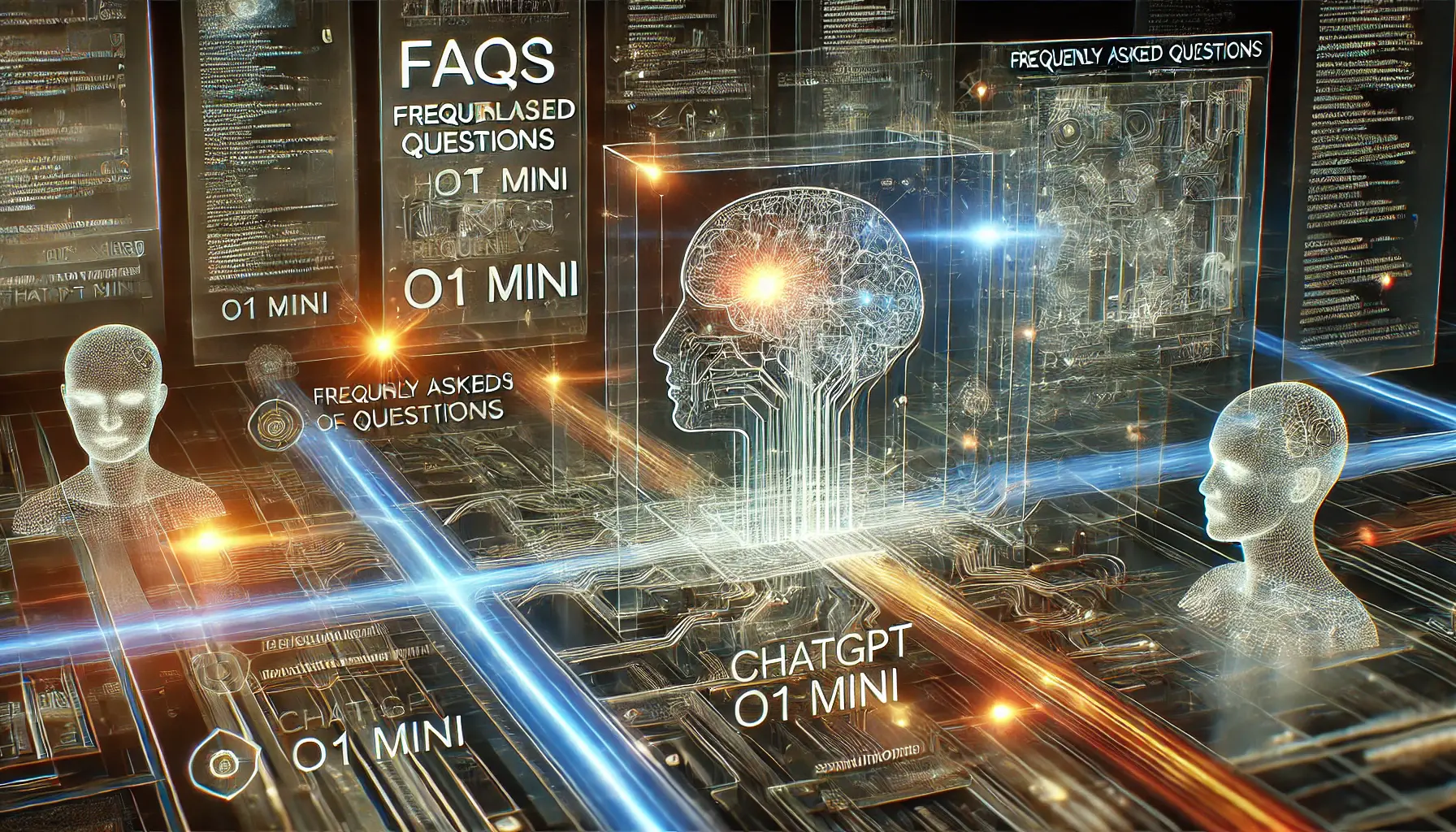 A futuristic, interactive representation of frequently asked questions about ChatGPT o1 Mini's architecture, with glowing data flows and interconnected neural pathways.