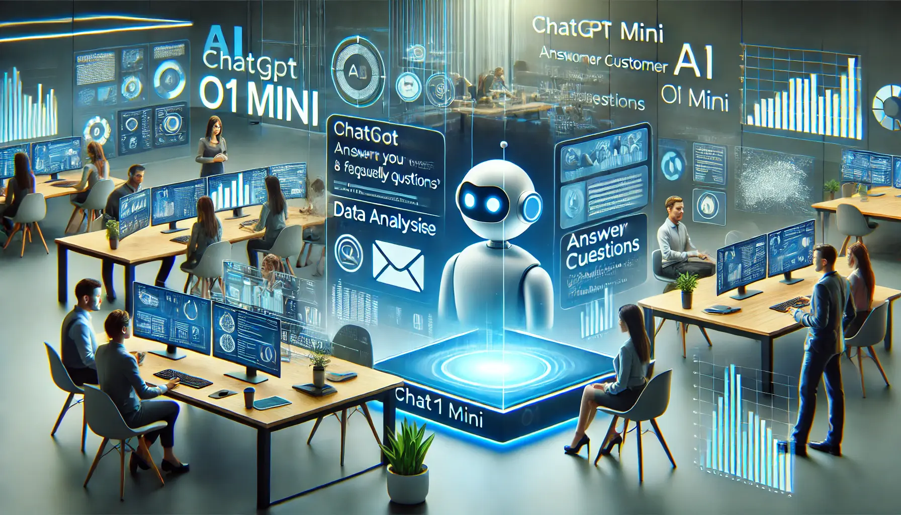 A modern digital workspace where a marketer uses ChatGPT o1 Mini to answer customer inquiries. The workspace includes a sleek interface with an AI-powered chatbot responding to users, along with data analysis and engagement analytics.