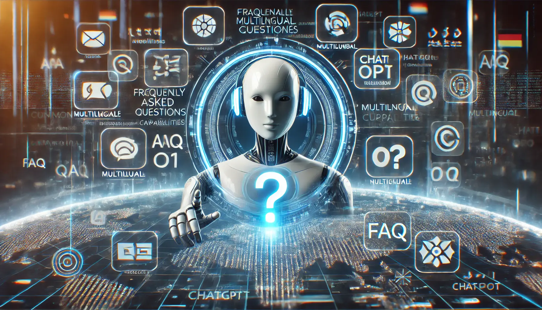 A futuristic AI interface answering frequently asked questions about multilingual capabilities with digital assistant and holographic icons.