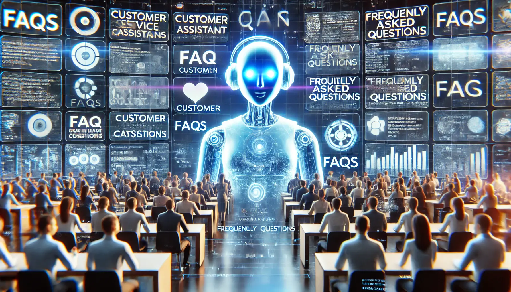 A high-tech customer service center where an AI assistant answers customer FAQs through a holographic interface, processing queries and providing real-time responses.