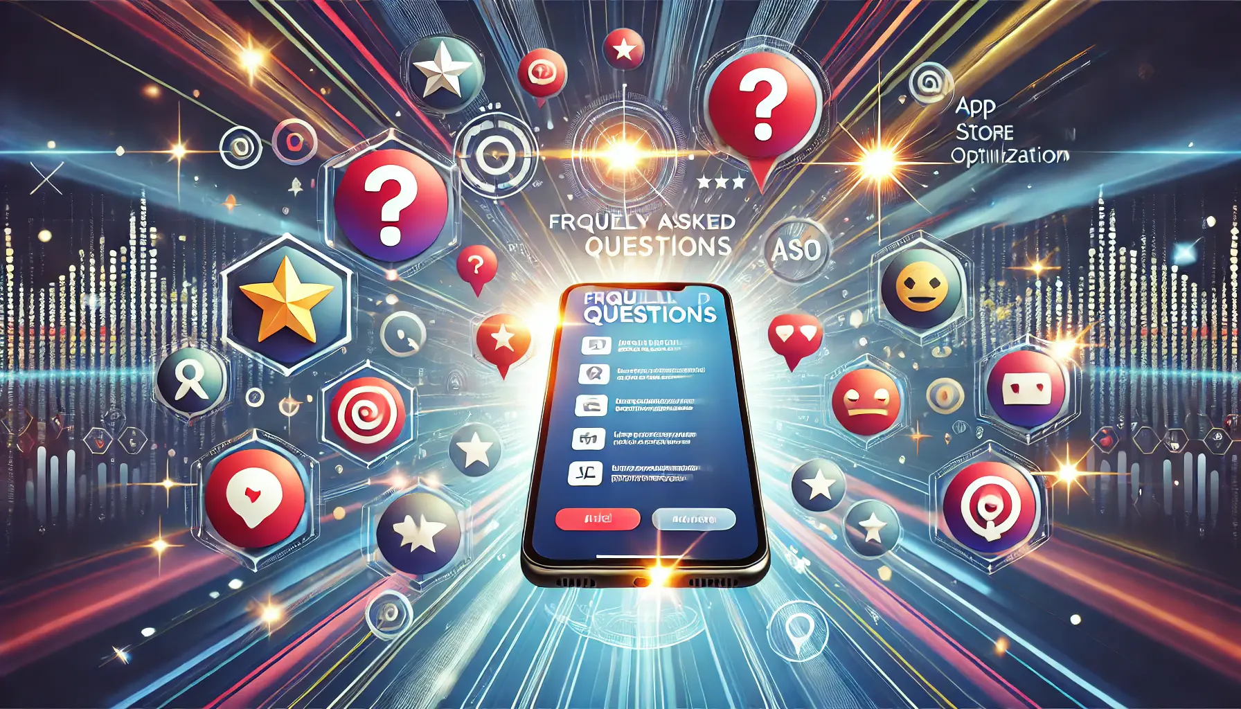 A visually engaging representation of frequently asked questions about user-generated content (UGC) in ASO previews, featuring a smartphone with floating speech bubbles, question marks, and review icons.