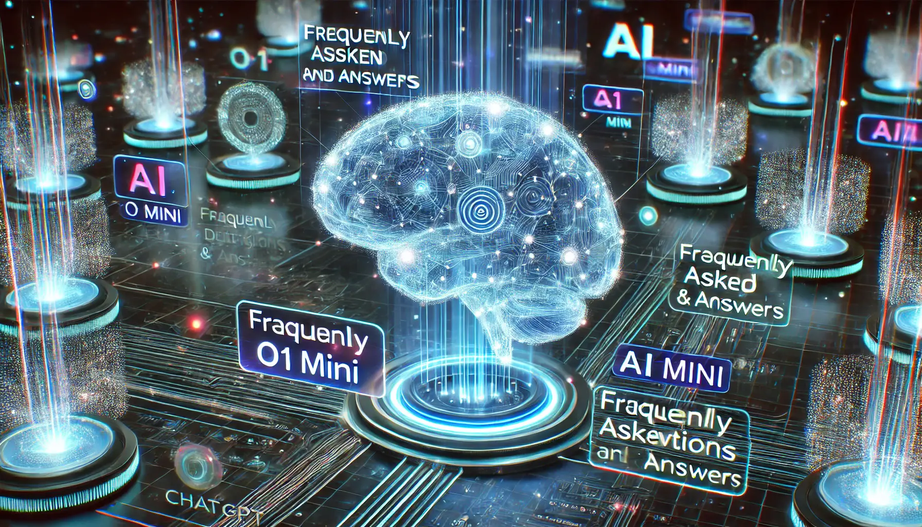 A futuristic digital brain surrounded by floating holographic data streams representing frequently asked questions and answers related to ChatGPT o1 mini.