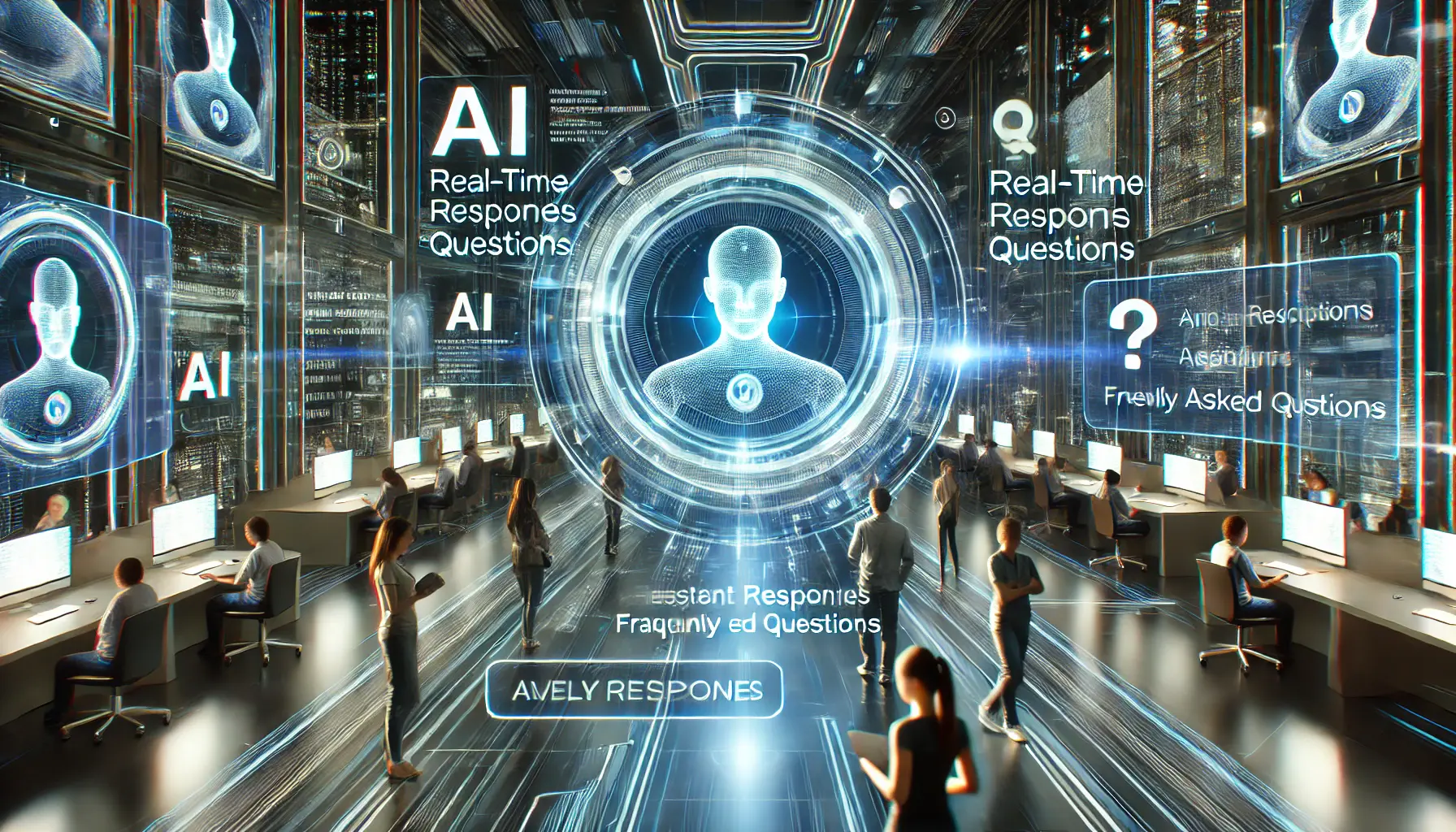 A futuristic AI system interacting with users, processing multiple queries and providing real-time responses in a high-tech environment.