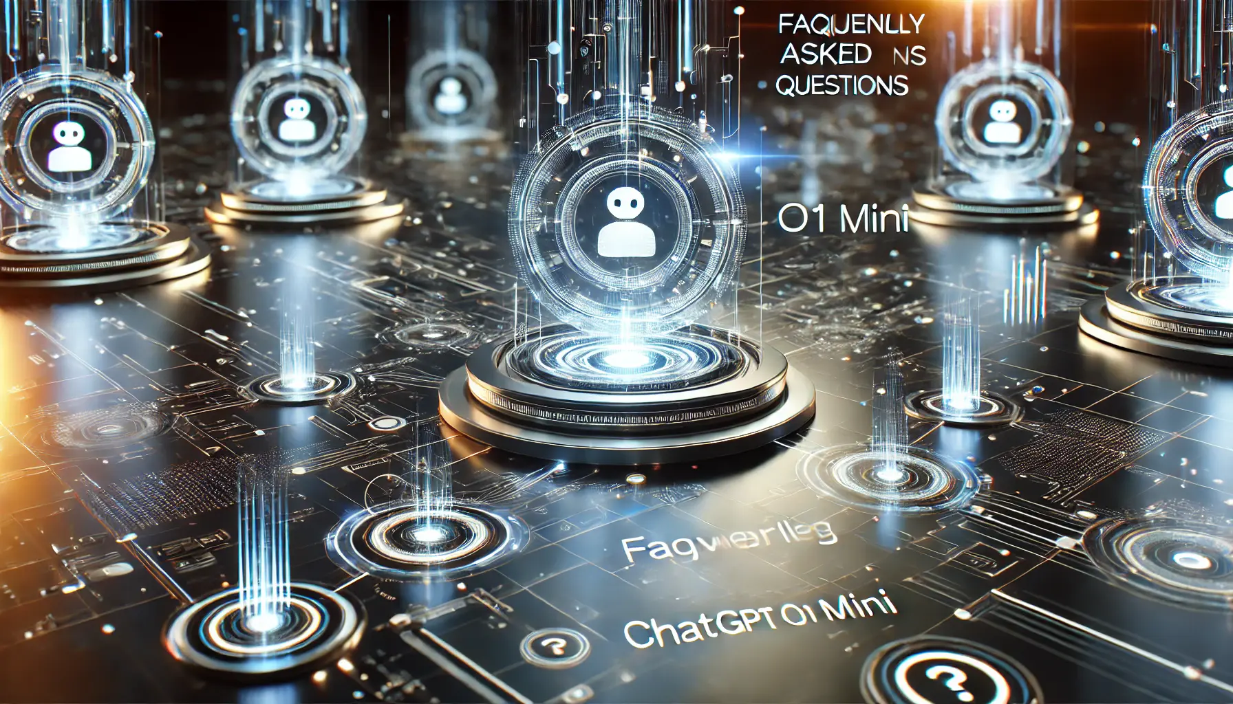 A futuristic digital environment with interconnected nodes and data pathways, symbolizing the process of answering frequently asked questions about ChatGPT o1 Mini.